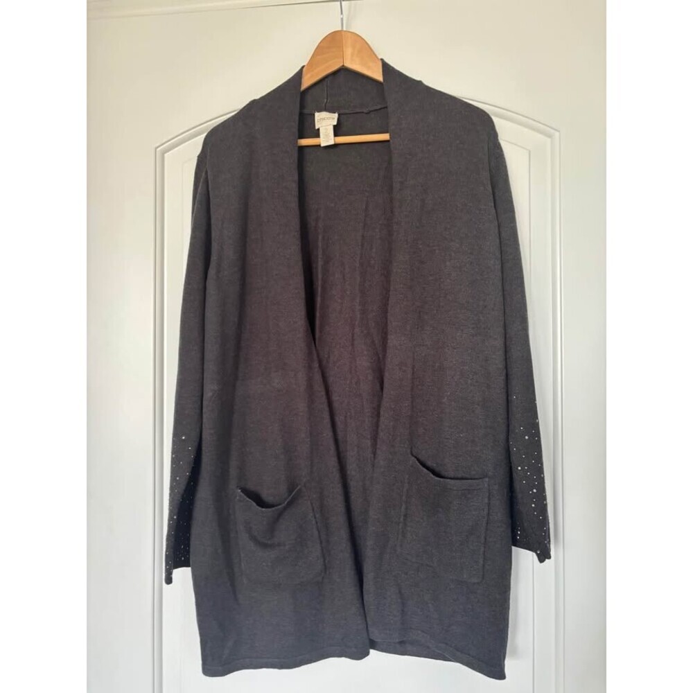 Chico’s size 2 (large women’s 10/12) open front charcoal gray cardigan embellish